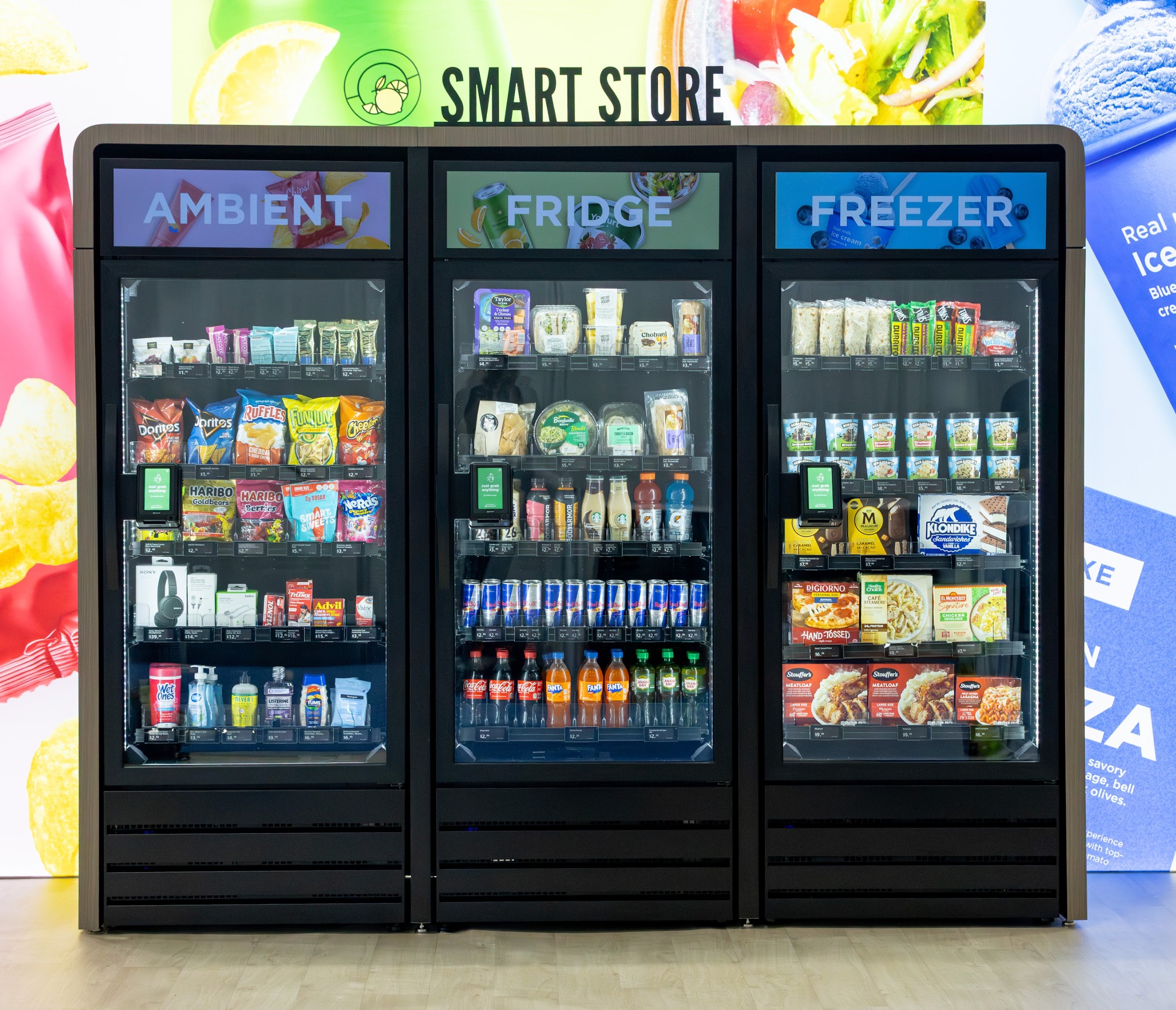 Smart store cooler with ambient, fridge, and freezer sections